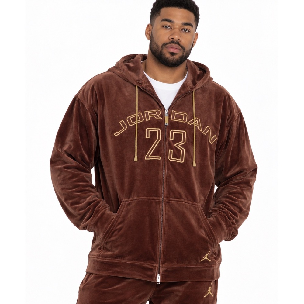 Jordan Brand Velour Full Zip Hoodie Brown Gold 23 Jumpman Mens XLT Tall